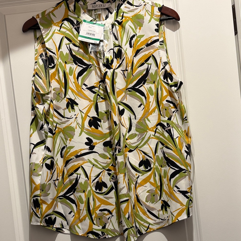 Kasper White Floral-Print Sleeveless Shell with Green & Yellow Leaves